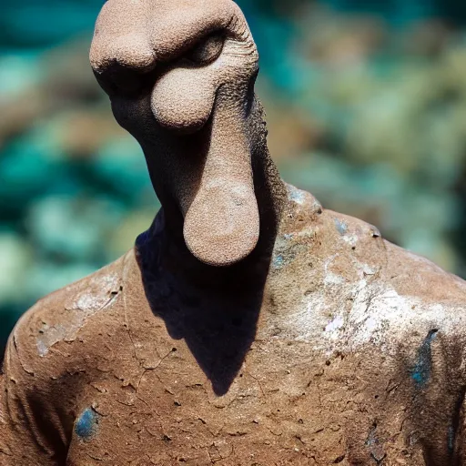 Image similar to rusty statue of handsome squidward in a coreal reef, 4 k