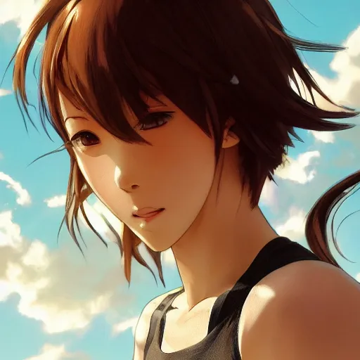 Prompt: a girl is running, sport clothing, anime style, short hair, hair down, symmetrical facial features, from arknights, hyper realistic, highly detailed, rule of thirds, extreme detail, detailed drawing, trending artstation, realistic lighting, ultra hd, by alphonse mucha, greg rutkowski, sharp focus, backlit, real faces, realistic anatomy