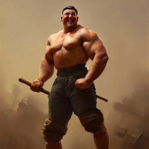 Image similar to portrait painting of a young strongman of 2 5, bright and energetic, with a sweet smile and big muscles, render cinematic lighting art 1 9 2 0 period drama by bussiere rutkowski andreas rocha