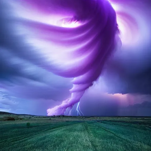 Image similar to amazing photo of purple clouds in the shape of a tornado by marc adamus, digital art, beautiful dramatic lighting