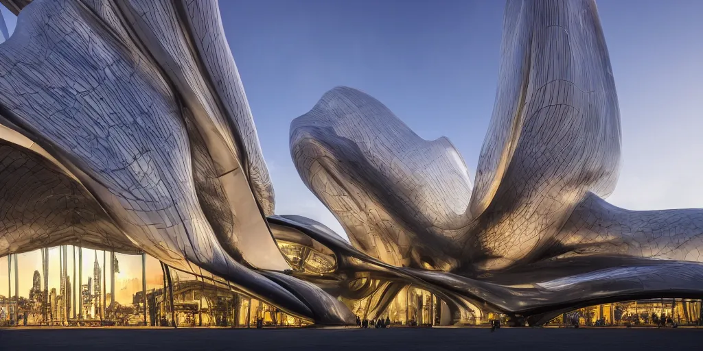 Image similar to extremely detailed ornate stunning sophisticated beautiful elegant futuristic museum exterior by Zaha Hadid, Milan buildings in the background, stunning volumetric light, stainless steal, concrete, translucent material, beautiful sunset, tail lights