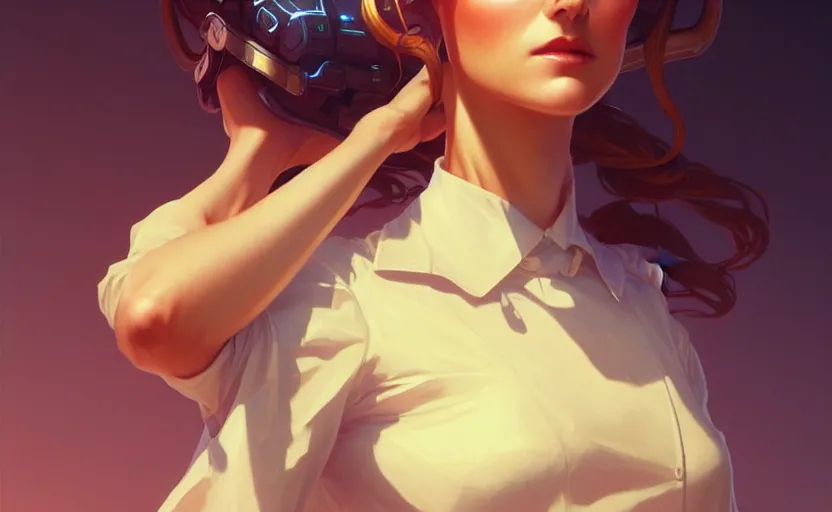 Image similar to Female in office dress, sci-fi, highly detailed, digital painting, artstation, concept art, smooth, sharp focus, illustration, art by artgerm and greg rutkowski and alphonse mucha
