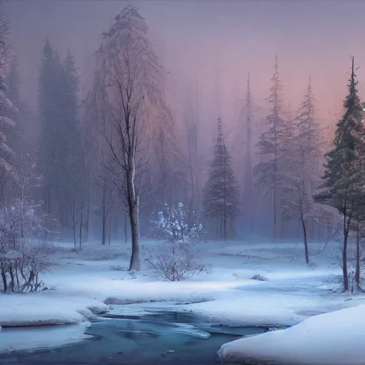 Image similar to Beautiful hyper-realistic detailed matte painting of Siberian forest landscape with frozen stream of lost vibes in the foreground and dark dense coniferous forest in the background, early morning, winter, gentle mist, by andreas rocha and john howe, and Martin Johnson Heade, featured on artstation, featured on behance, golden ratio, ultrawide angle, f32, well composed, cohesive