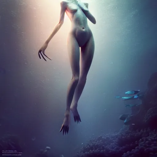 Image similar to ultra realistic horror photo of a dimly lit translucent female alien creature underwater, very intricate details, focus, full frame image, curvy, model pose, artwork by tooth wu and wlop and greg rutkowski, award winning