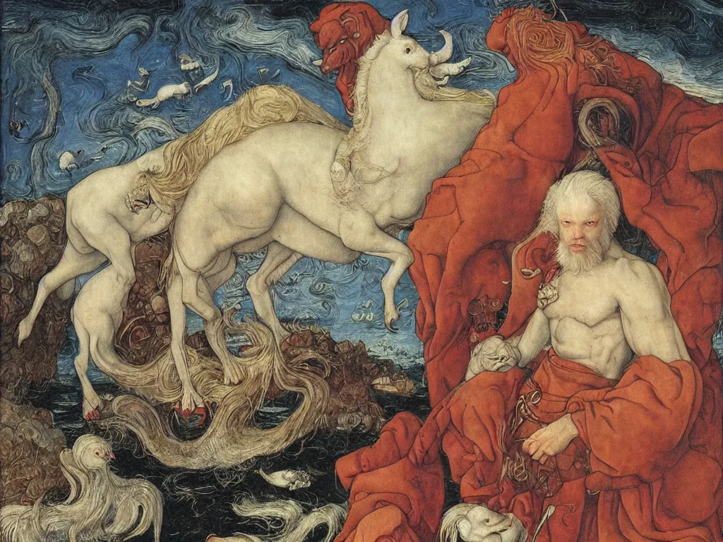 Image similar to Portrait of an albino man with animals on Neptune a million years ago. Painting by Lucas Cranach, Moebius.