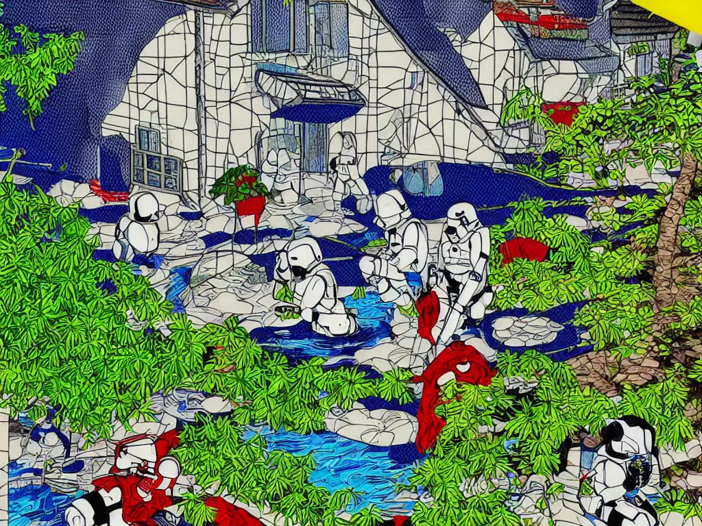 Image similar to super - detailed close - up image of the japanese home with a garden and pond, 2 stormtroopers sitting around it, in style of pop - art, andy warho style, roy lichtenstein style, jackie tsa stylei, bright palette, acrylic on canvas