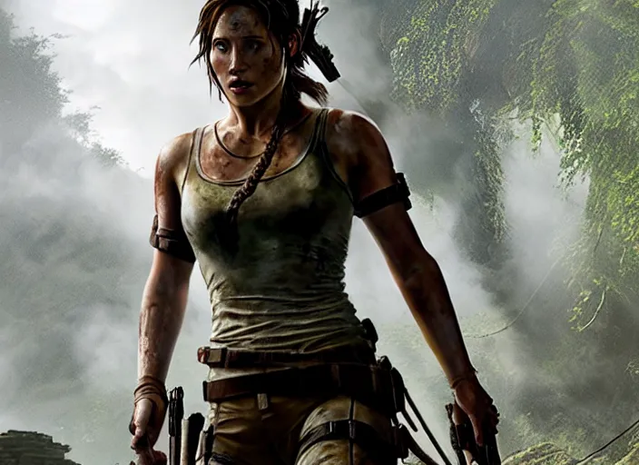 Image similar to film still of!!!! daisy edgar jones!!! as lara croft in new tomb raider movie, 8 k