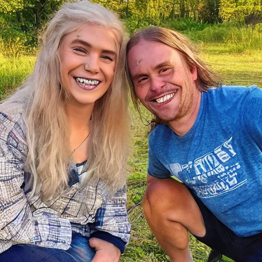 Prompt: photo of hillbilly smiling with long blonde hair near a bonfire