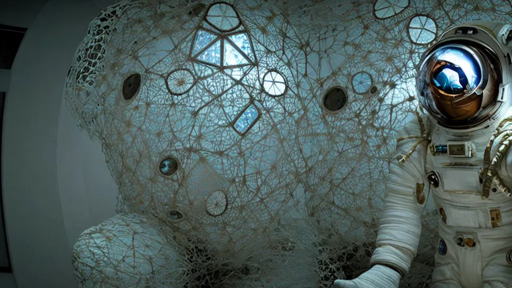 Image similar to a single astronaut eva suit interwoven with diamond 3d fractal lace iridescent bubble 3d skin and covered with insectoid compound eye camera lenses floats through the living room, film still from the movie directed by Denis Villeneuve with art direction by Salvador Dalí, wide lens,