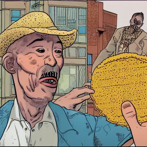 Image similar to a man eating a taco by geof darrow, detailed, realistic shading