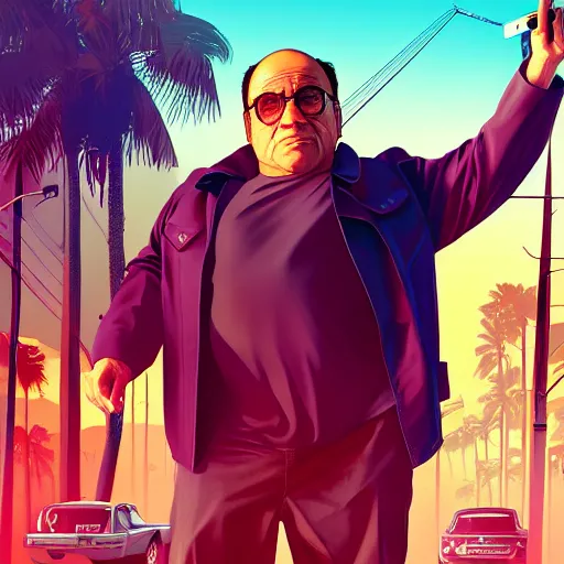 Prompt: GTA V Cover art of Danny DeVito, Grand Theft Auto, by Christopher Balaskas and artgerm, vibrant, digital art, landscape, studio lighting, model, realism, 4k