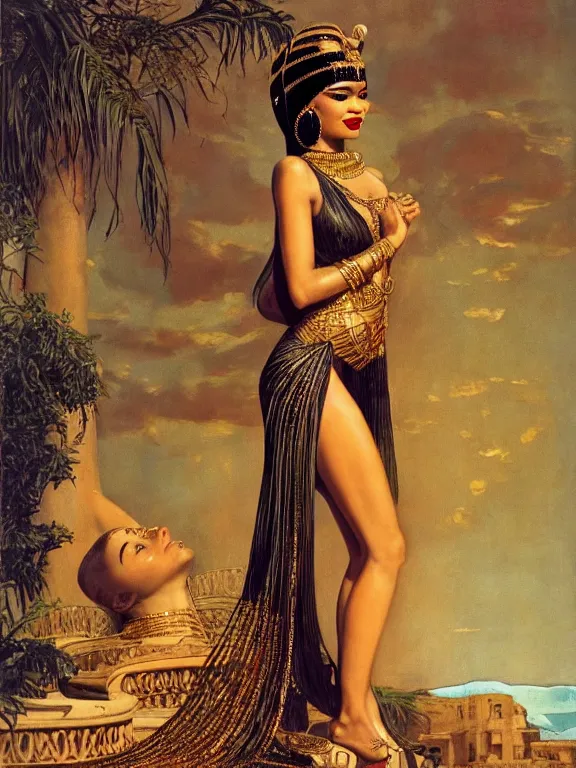 Image similar to zendaya as the great beauty cleopatra, a beautiful art nouveau portrait by Gil elvgren, Nile river water garden , centered composition, defined features, golden ratio, gold jewelry
