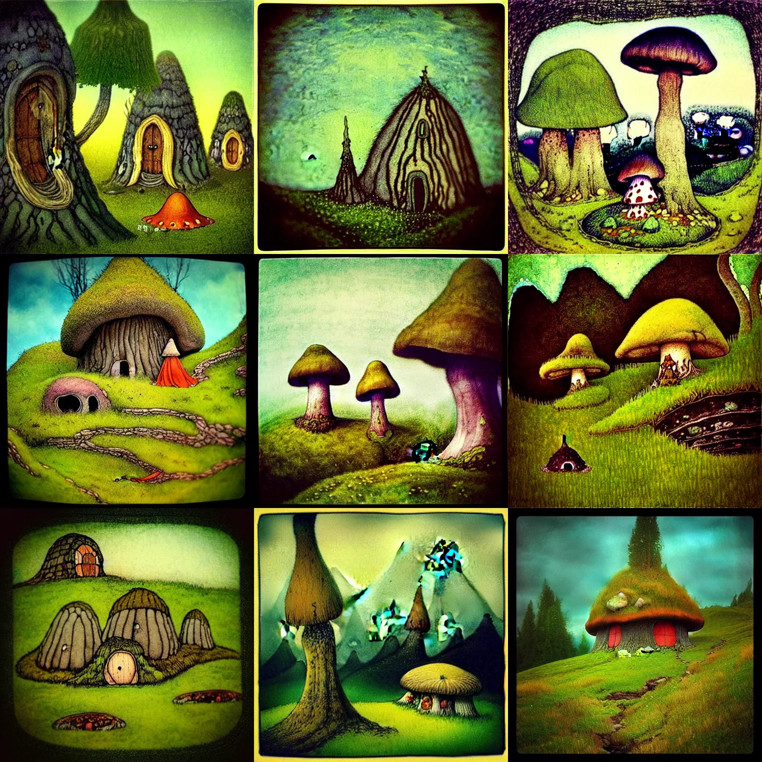 Prompt: “a fairytale landscape with troll creatures and mushroom houses, in the style of John Bauer and wimmelbilderbuch”