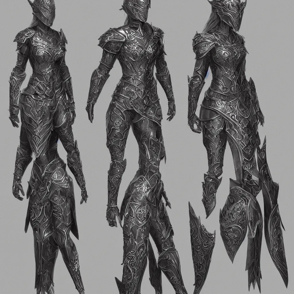 Prompt: concept layout of 3 d rendered suit of decorative female armor, filigree, lord of the rings, elder scrolls, detailed, art station, unreal engine