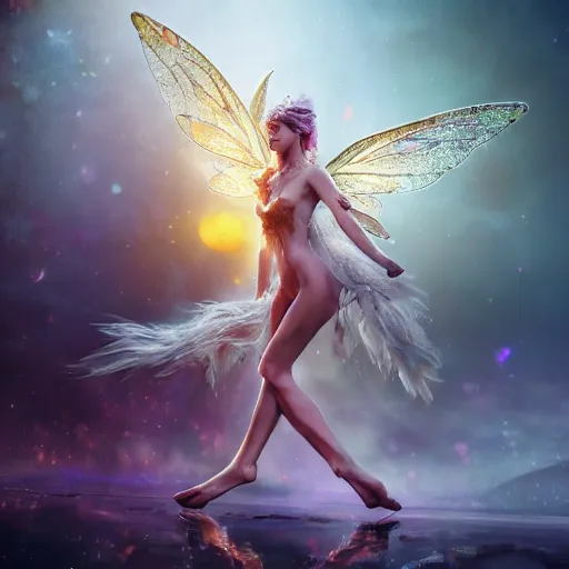 Prompt: full body pose, hyperrealistic mixed media painting of beautiful fairy, dim volumetric lighting, 8 k, octane beautifully detailed render, extremely hyper detailed, intricate, epic composition, cinematic lighting, masterpiece, trending on artstation, very very detailed, masterpiece, stunning, hdr, smooth, sharp focus, high resolution, award, winning photo, dslr, 5 0 mm