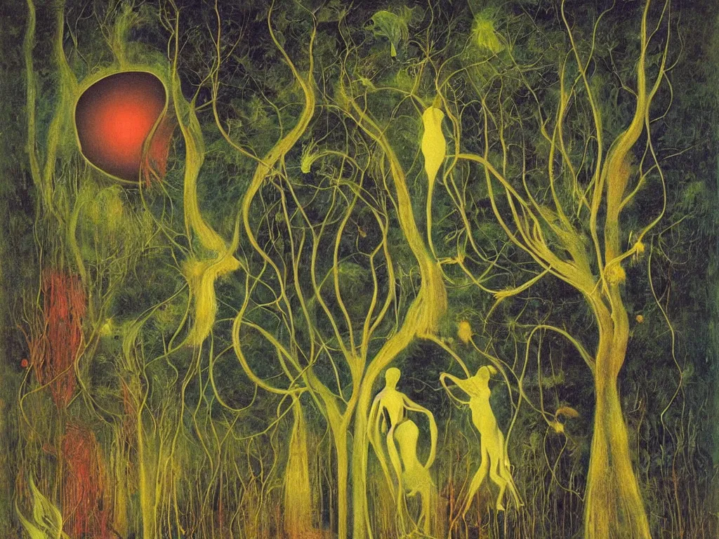 Image similar to phosphorescent long needled human in a bush. a carnivorous plant. painting by mikalojus konstantinas ciurlionis, bosch, max ernst, agnes pelton, rene magritte