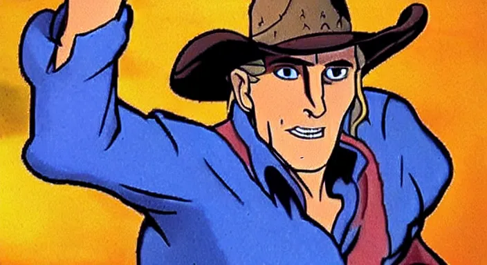 Prompt: kirk douglas as a cowboy, in the style of don bluth, titan a. e.