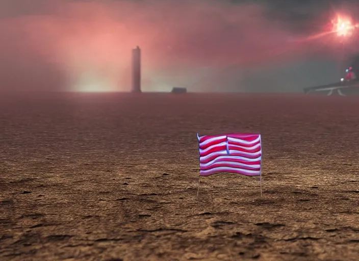 Prompt: a pink donut with an american flag sticking out of it in an underwater desert. a submarine is visible in the distance. dark, concept art, cinematic, dramatic, atmospheric, 8 k, trending on artstation, blue, fish, low visibility, light rays, extremely coherent, bubbles, fog, ocean floor, christopher nolan, interstellar