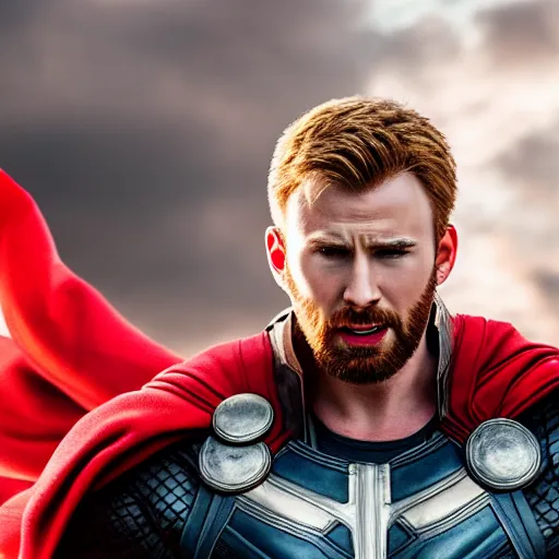 Image similar to chris evans as thor, marvel cinematic universe, mcu, canon eos r 3, f / 1. 4, iso 2 0 0, 1 / 1 6 0 s, 8 k, raw, unedited, symmetrical balance, in - frame,