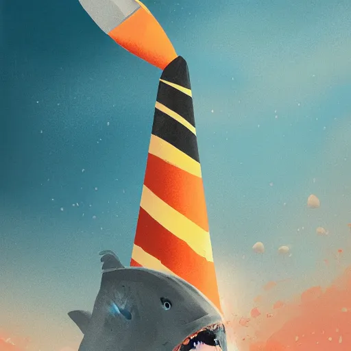 Image similar to cracked orange and white striped traffic cone with shark teeth breaking through the cracks, ocean background detailed atmospheric - ron cheng & alphonse mucha, highly detailed, digital painting, ray tracing, concept art, illustration, smooth sharp focus, intricate, symmetry, artstation,