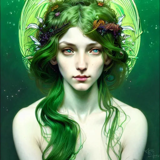 Prompt: Portrait of a girl with green hair and glowing halo and highly detailed intricate wings, art nouveau, fantasy, intricate, elegant, highly detailed, digital painting, artstation, concept art, smooth, sharp focus, illustration, art by Krenz Cushart and Artem Demura and alphonse mucha