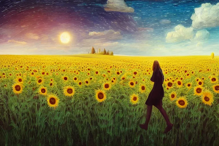 Image similar to giant sunflower as a head, girl walking in wheat field, hills, surreal photography, dark night, star trails, dramatic light, impressionist painting, clouds, digital painting, artstation, simon stalenhag