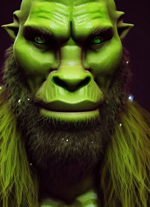 Image similar to portrait of a berserker green orc, long blond hair and beard, perfect facial symmetry + dim volumetric lighting, 8k octane beautifully detailed render, post-processing, extremely hyperdetailed, intricate, epic composition, grim yet sparkling atmosphere, cinematic lighting + masterpiece, trending on artstation