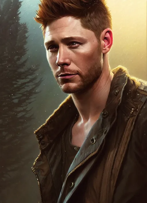 Image similar to Highly detailed portrait of Jensen Ackles mixed with Tom Hiddleston, Stephen Bliss, unreal engine, fantasy art by Greg Rutkowski, Loish, Rhads, ferdinand knab, Makoto Shinkai and Lois van baarle, ilya kuvshinov, rossdraws, Tom Bagshaw, alphonse mucha, global illumination, radiant light, detailed and intricate environment