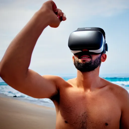 Image similar to a man wearing a vr headset on the beach