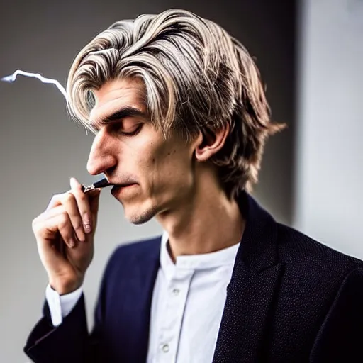 Image similar to a closeup photo of really handsome xqc smoking,