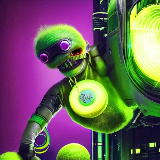 Image similar to high quality 3 d render cyberpunk very tennis ball monster highly detailed, unreal engine cinematic smooth, in the style of blade runner & detective pikachu, hannah yata charlie immer, purple light, low angle, uhd 8 k, sharp focus, illustrated by basil gogos