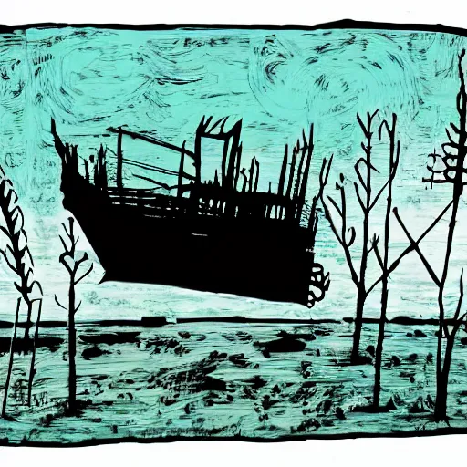 Image similar to a rusty abandoned ship on the aral sea desert, in the style of daniel johnston and outsider art, 8 k, line brush, muted, overlaid with cyrillic words, baselitz, german expressionist woodcut