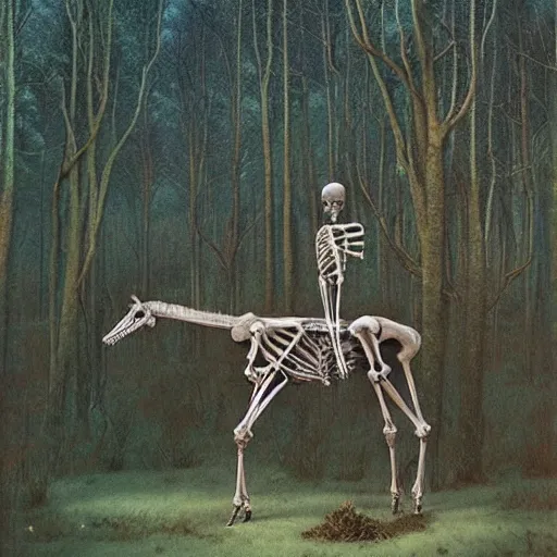 Image similar to a skeletal centaur in a magical forest, Zdzisław Beksiński style. Very detailed 8k