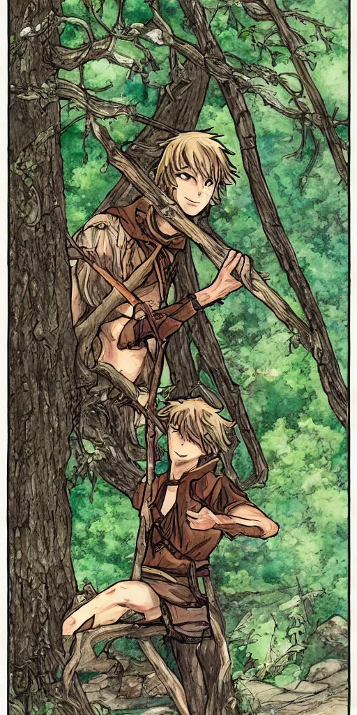 Image similar to an wood elf boy getting ready for an high fantasy adventure on the mountain side, anime style, tarot card,