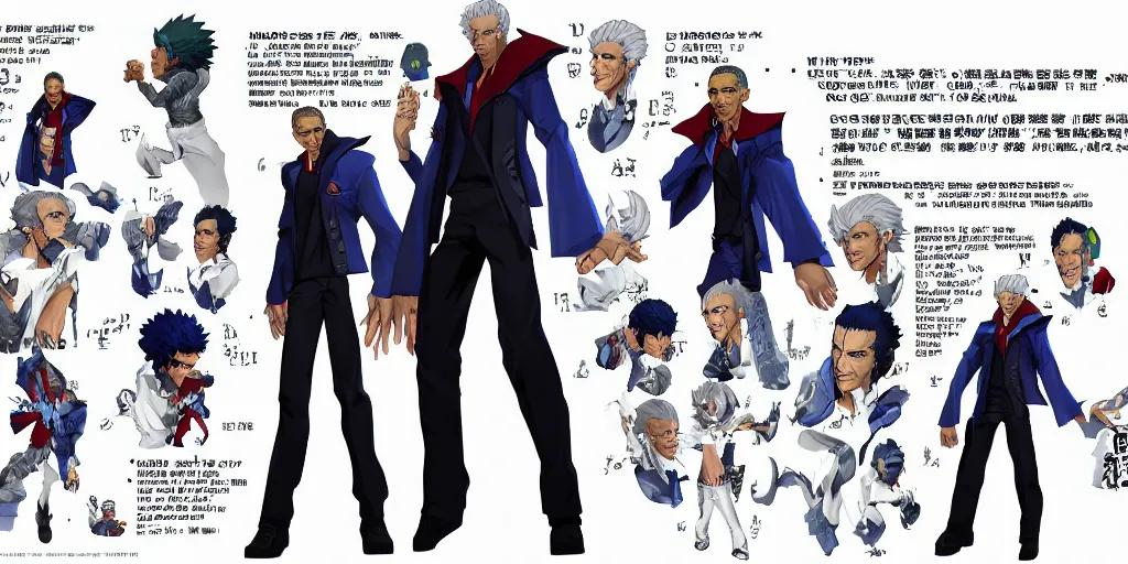 Image similar to Fusion of Barak Obama and Vergil from the game Devil May Cry in the style of Araki Hirohiko, Jojo\'s Bizarre Adventure, character design sheet