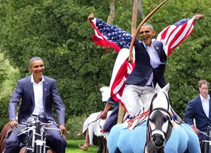 Image similar to obama riding an unicorn,.