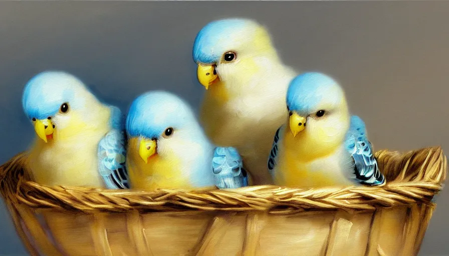 Image similar to highly detailed painting of cute baby budgies cuddling up in a basket by william turner, thick brush strokes and visible paint layers, 4 k resolution, blue and white colour scheme