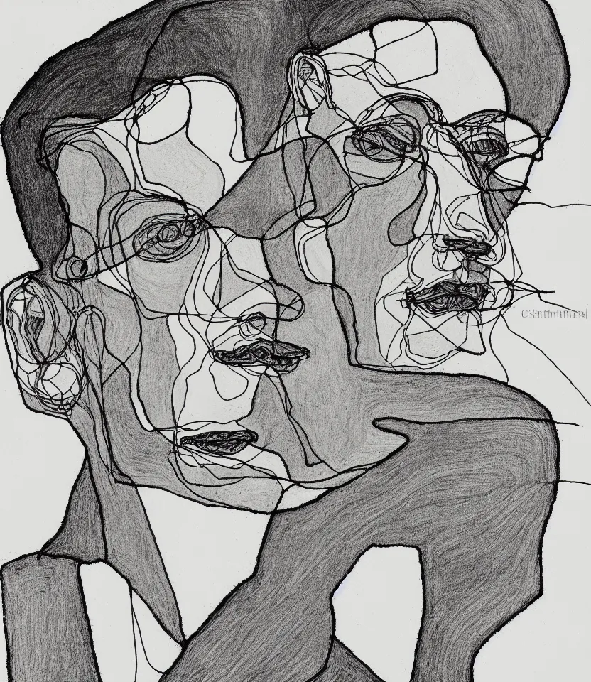 Prompt: detailed line art portrait of hermann hesse, inspired by egon schiele. minimalism, bold contour lines, caricatural, musicality, soft twirls curls and curves, confident personality, raw emotion