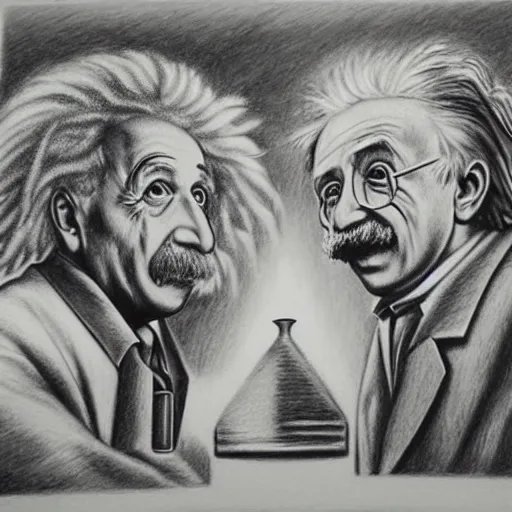 Image similar to Einstein and Newton speaks each other on a topic, pencil drawing, ultra detailed