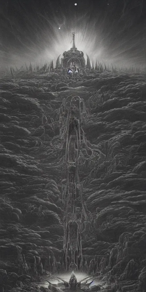 Image similar to space temple to death god, distant view, night sky, well lit sanctum, eerily beautiful, light rays, skeletal architecture, maximalist, awe inspiring, foreboding, ominous, miyazaki style, junji ito style, nausicaa, beksinski, studio ghibli, precise lines, bones , 8k, epic composition, cinematic, artstation, golden ratio,