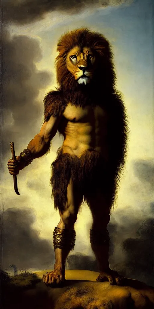 Prompt: muscular oversized proud lion animal as barbarian hunter with gold chest armor and shiny gold weapon and anthropomorphic human oversized mutant proportions and very hairy body , backlight body , extreme very textured detailed panoramic portrait oil painting by rembrandt, sunset, dramatic clouds and cyan atmosphere