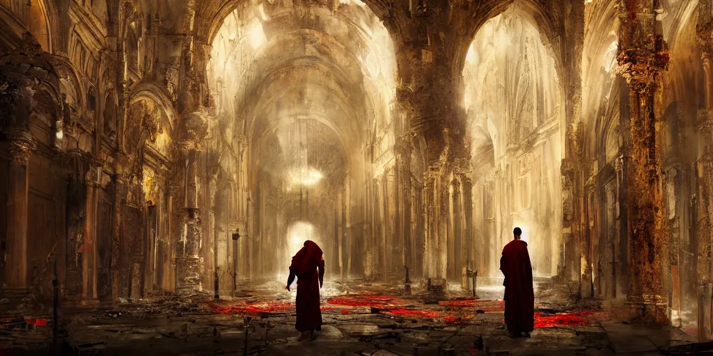 Prompt: gloomy painting of monk in biopunk costume standing inside ruined catholic cathedral interiors with walls painted in khokhloma style, gold, red and black, wide angle, 24mm, 8k resolution, detailed, realistic, digital art, very beautiful, award winning, matte painting