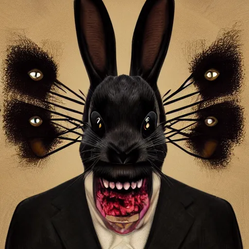 Image similar to A extremely highly detailed majestic hi-res beautiful, highly detailed head and shoulders portrait of a scary terrifying, horrifying, creepy black cartoon rabbit with scary big eyes, earing a shirt laughing, hey buddy, let's be friends, in the art style of Walt Disney