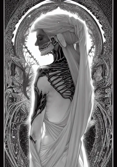 Image similar to skeleton sansa in skeleton deaths, intricate, elegant, highly detailed, digital painting, artstation, concept art, smooth, sharp focus, illustration, art by artgerm and greg rutkowski and alphonse mucha and william - adolphe bouguereau