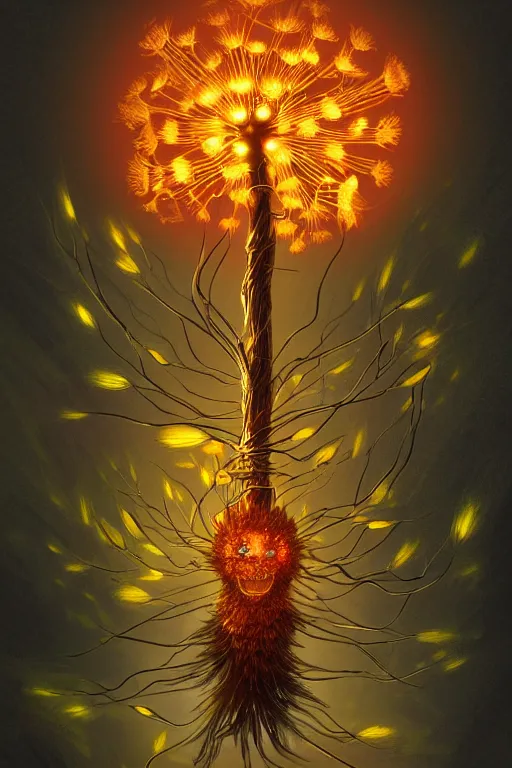 Prompt: a humanoid figure glowing dandelion plant monster, amber eyes, highly detailed, digital art, sharp focus, ambient lighting, autumn colours, trending on art station, anime art style