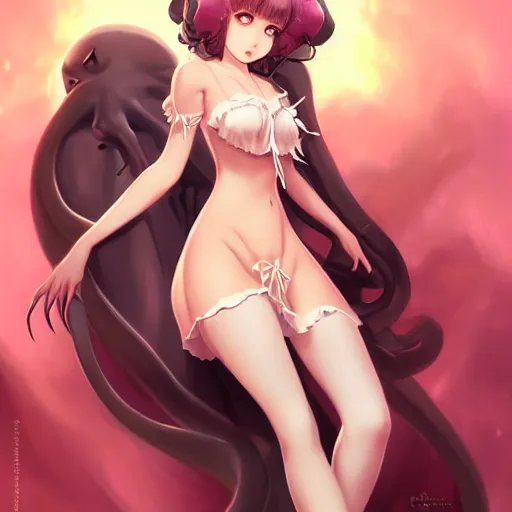 Image similar to cthulhu humanisation as a cute anime girl pinup, by rossdraws, wlop, boris vallejo, gil elvgren, enoch bolles, sleek curves, pixiv award winning, epic light