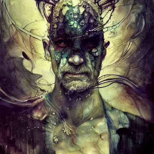 Image similar to mutant fishman sailor old man with gills and scales creatures from the deep ocean by emil melmoth zdzislaw beksinki craig mullins yoji shinkawa realistic render ominous detailed photo atmospheric by jeremy mann francis bacon and agnes cecile ink drips paint smears digital glitches glitchart