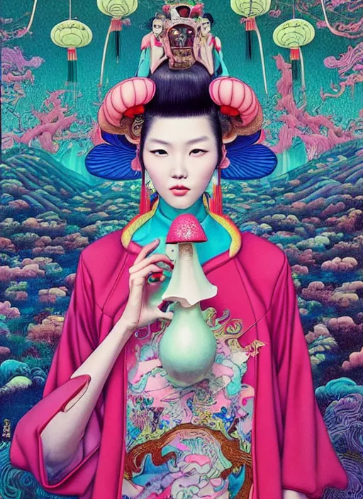 Image similar to pretty chinese model with hallucination mushroom : : by martine johanna and simon stalenhag and chie yoshii and casey weldon and wlop : : ornate, dynamic, particulate, rich colors, intricate, elegant, highly detailed, vogue, harper's bazaar art, fashion magazine, smooth, sharp focus,