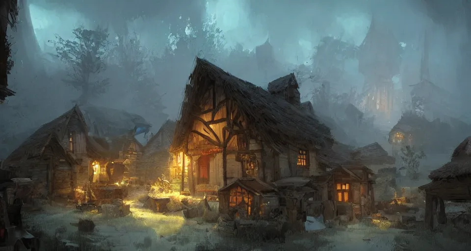 Prompt: book illustration of small wooden village. Atmospheric beautiful by Eddie mendoza and Craig Mullins. volumetric lights