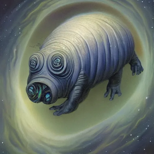 Image similar to the alien transcendent cosmic tardigrade that awaits you at the end of all of space and time, by Gerald Brom